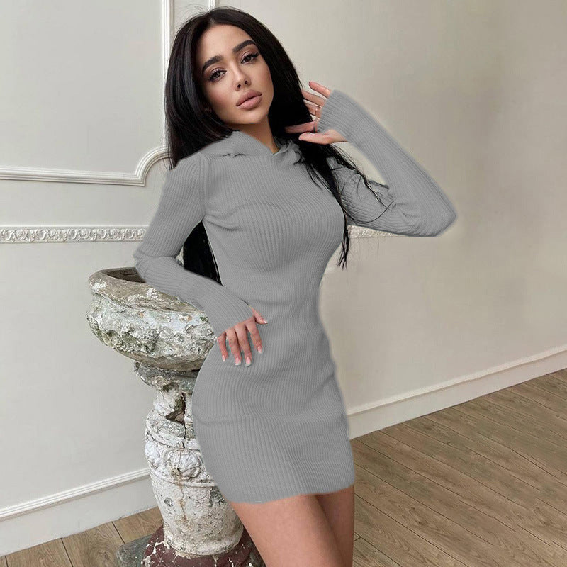 Hooded Long Sleeve Woolen Dress Women