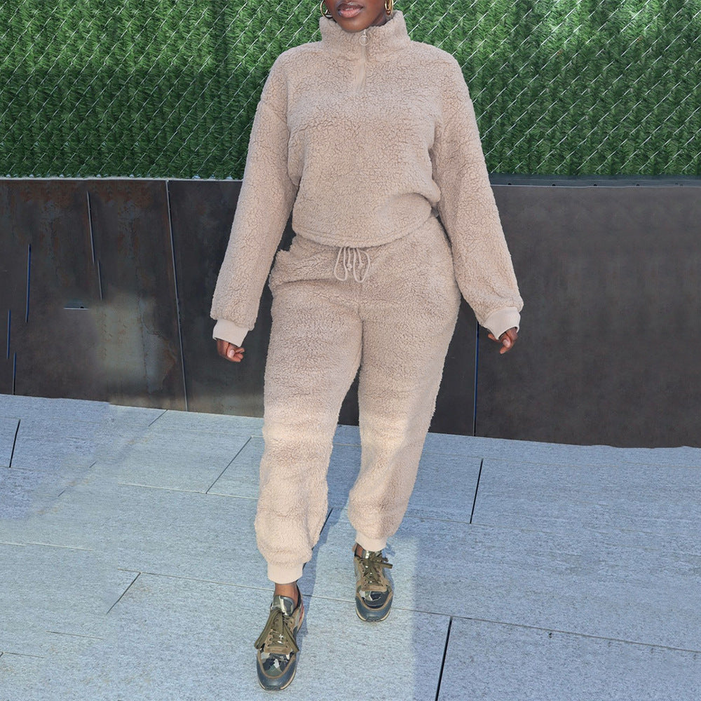 Casual Flannel Long-Sleeved Solid Color Sports Suit