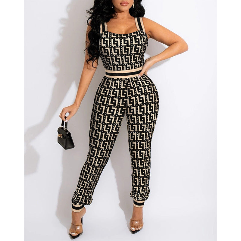 Printed Check Striped Waist Sling Bodysuit