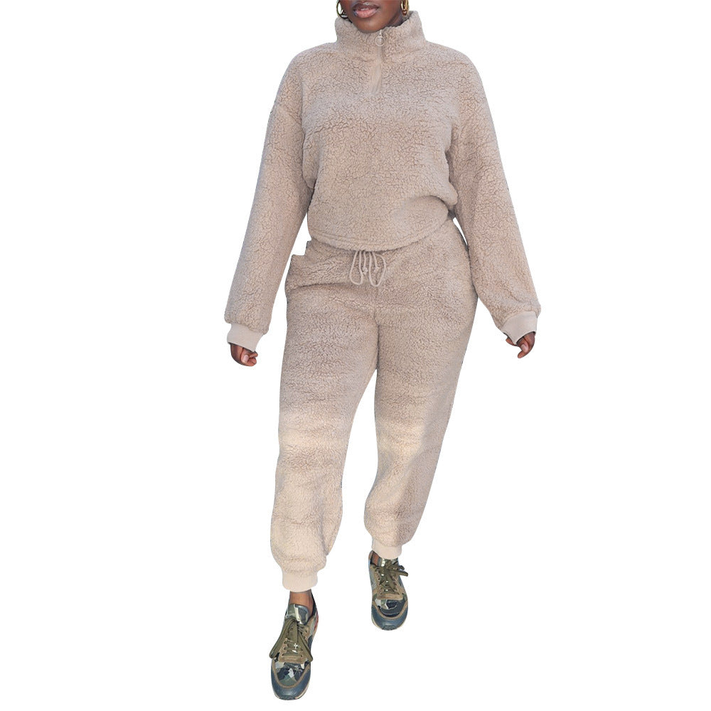 Casual Flannel Long-Sleeved Solid Color Sports Suit