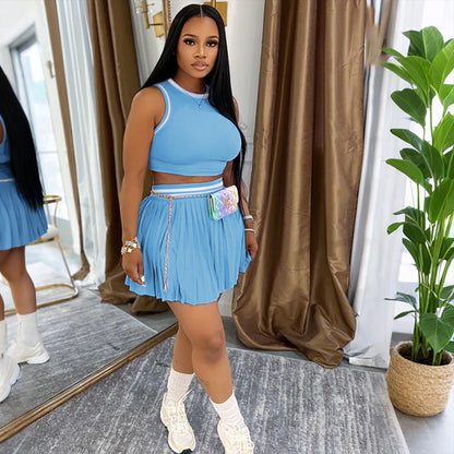 Sleeveless Cropped Tank Top And Casual Pleated Skirt Set