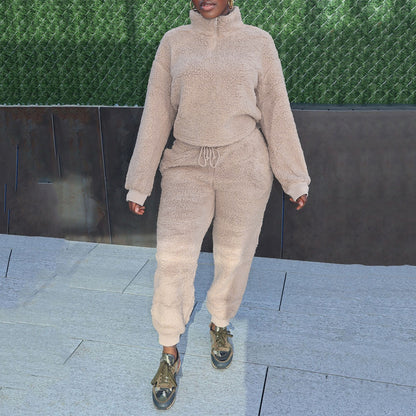 Casual Flannel Long-Sleeved Solid Color Sports Suit