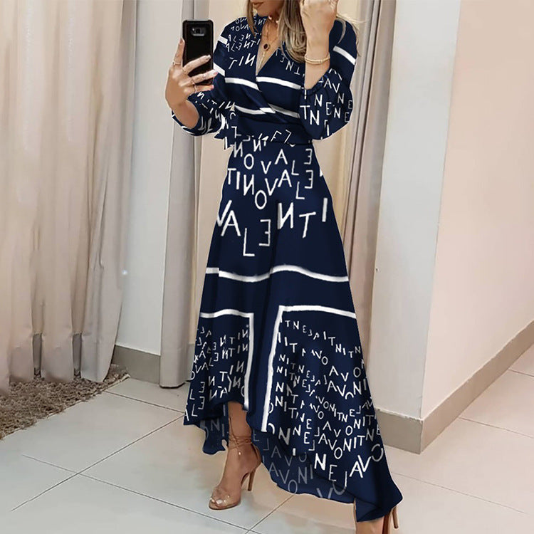 Women's V-neck Printed Irregular Swing Dress