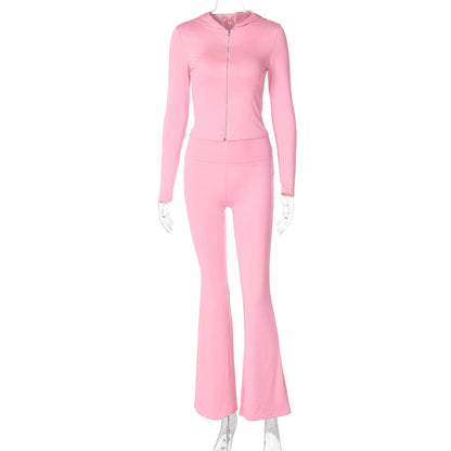 European And American Autumn And Winter Zipper Long-sleeved Hooded Top Flared Pants