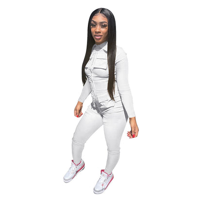 Solid Color Long Tooling Zipper Pocket Jumpsuit