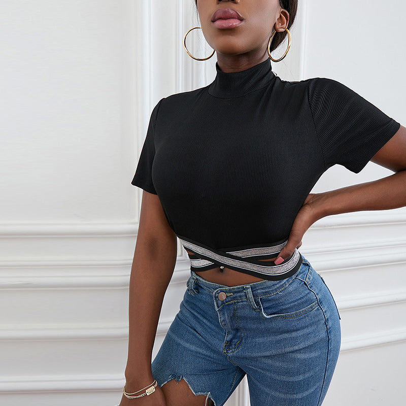 European And American New Navel T-shirt Women's Tethered Cross Straps Slim Fit Short-sleeved Top
