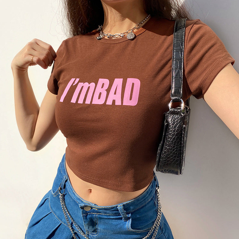 Printed Pullover Slim Fit Crew Neck Short T-Shirt Crop Navel T-Shirt