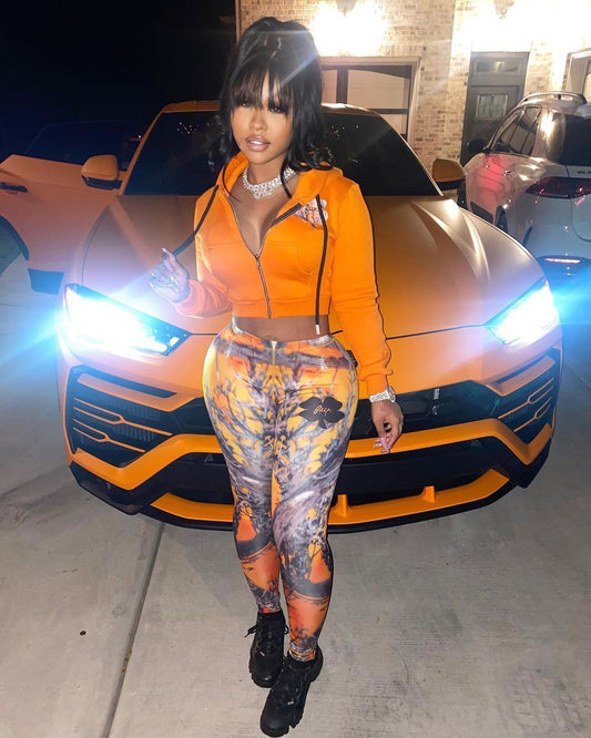 Fashion Print Hooded Jacket With High Waist Pants