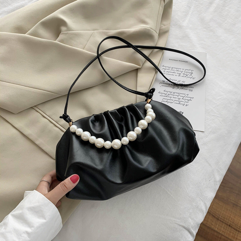 Pearl Chain Pleated Soft Leather Cloud Crossbody Bag