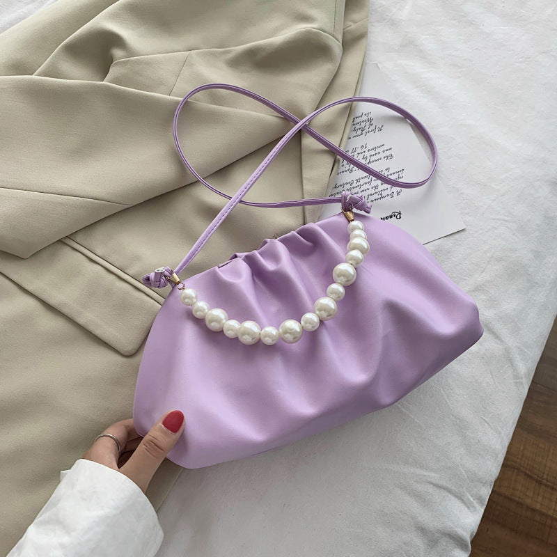 Pearl Chain Pleated Soft Leather Cloud Crossbody Bag