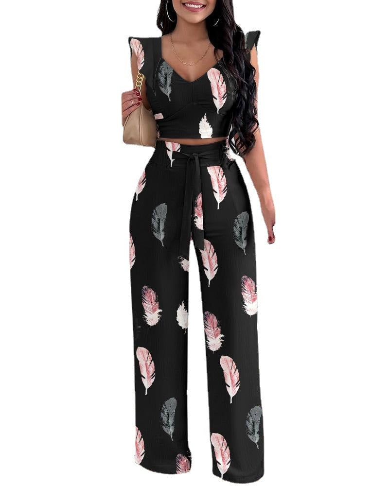 Women's Printed Polyester Trousers Casual Suit