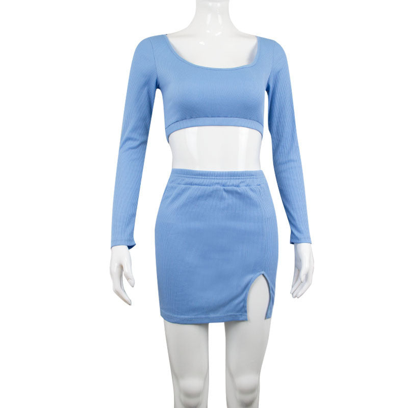 Two-piece Skirt With Leaky Navel Square Neck Wrap Chest And Split Skirt