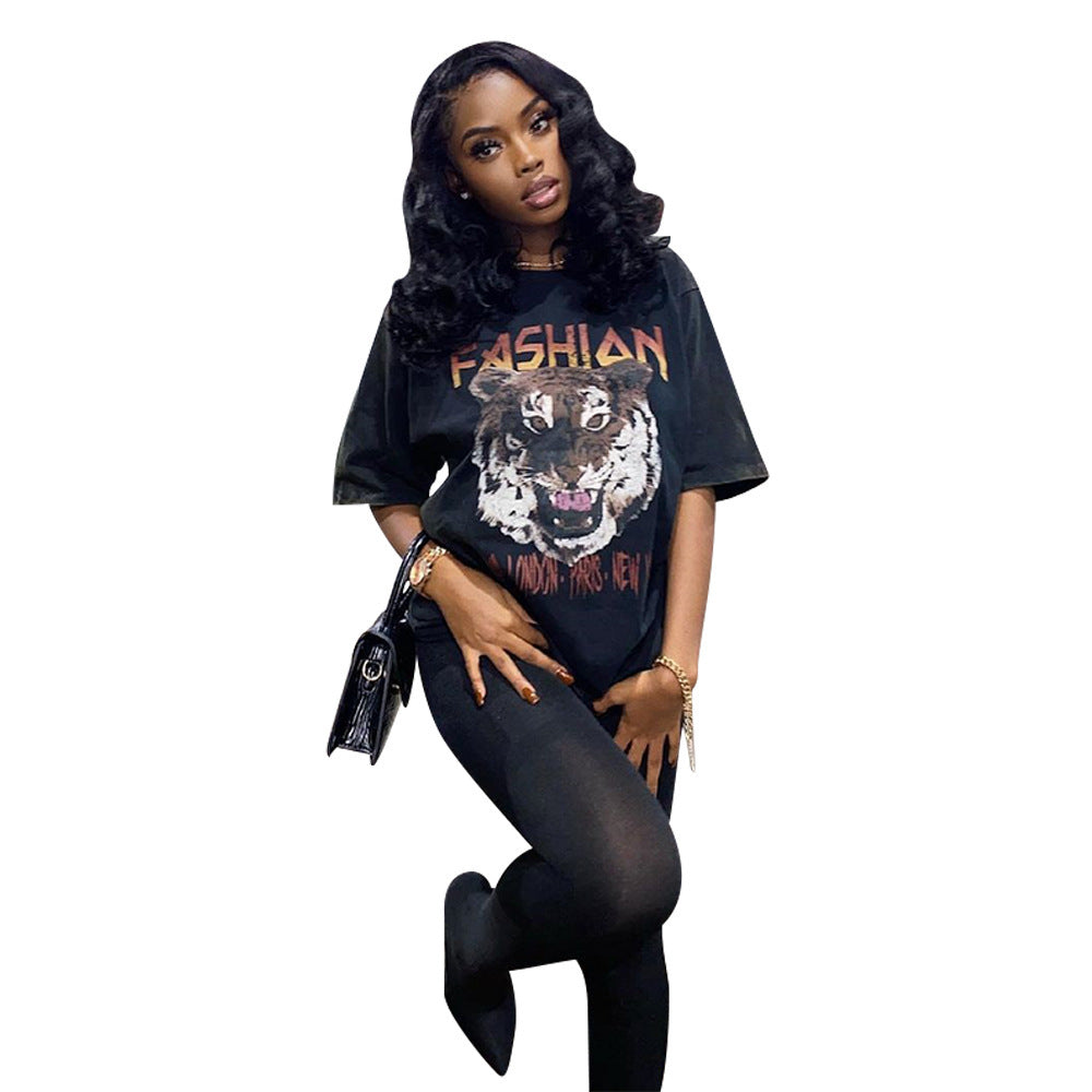 Casual Cotton Imitation Printing Long T-Shirt Half Sleeve
