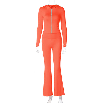European And American Autumn And Winter Zipper Long-sleeved Hooded Top Flared Pants