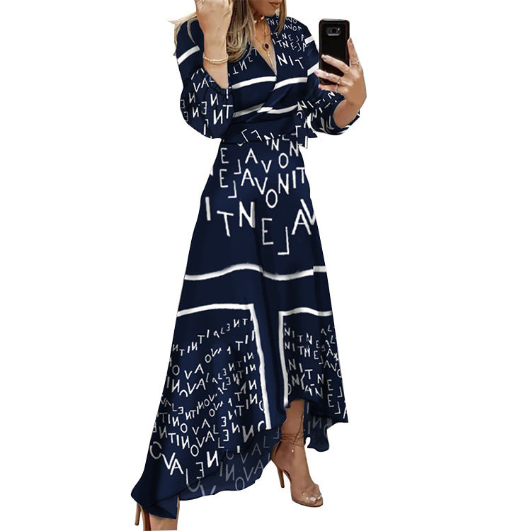 Women's V-neck Printed Irregular Swing Dress