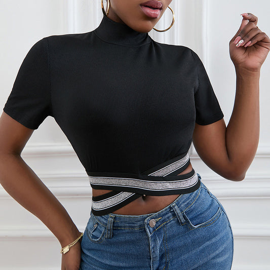 European And American New Navel T-shirt Women's Tethered Cross Straps Slim Fit Short-sleeved Top