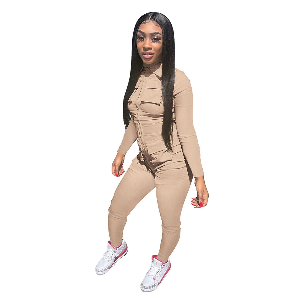 Solid Color Long Tooling Zipper Pocket Jumpsuit