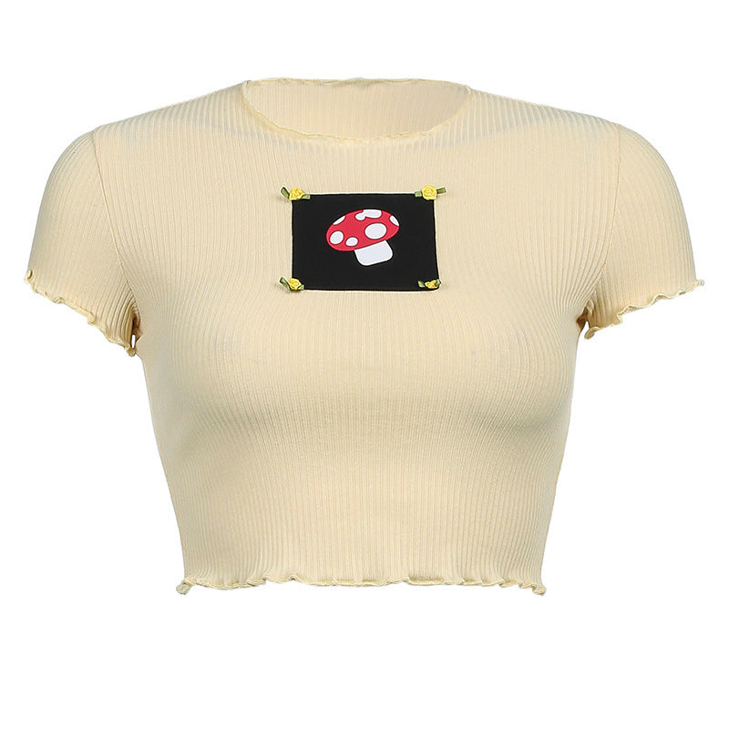 Printed Pullover Slim Fit Crew Neck Short T-Shirt Crop Navel T-Shirt