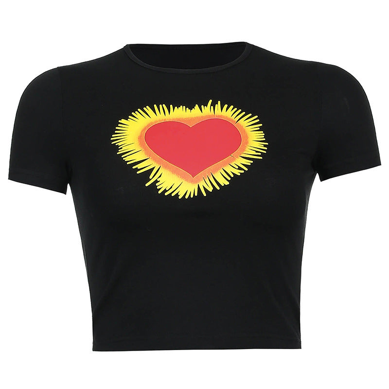 Printed Pullover Slim Fit Crew Neck Short T-Shirt Crop Navel T-Shirt