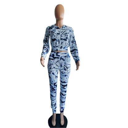 Printed Hooded Long Sleeve Two-Piece Women