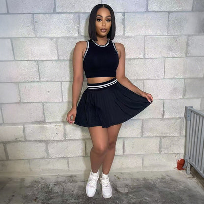 Sleeveless Cropped Tank Top And Casual Pleated Skirt Set