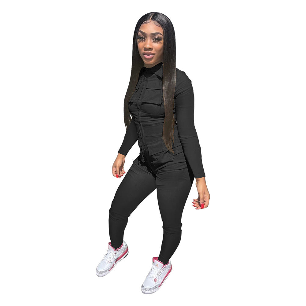 Solid Color Long Tooling Zipper Pocket Jumpsuit