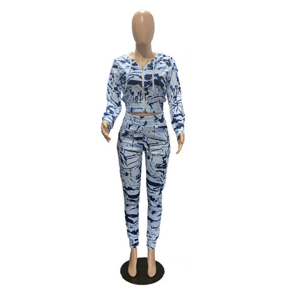 Printed Hooded Long Sleeve Two-Piece Women