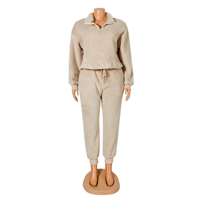 Casual Flannel Long-Sleeved Solid Color Sports Suit