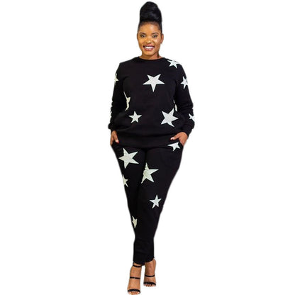 Autumn And Winter European And American Women's Star Print Casual Sports Suit