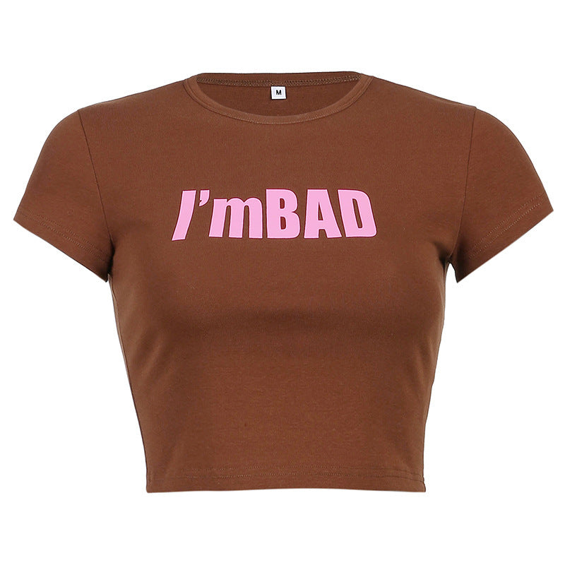Printed Pullover Slim Fit Crew Neck Short T-Shirt Crop Navel T-Shirt