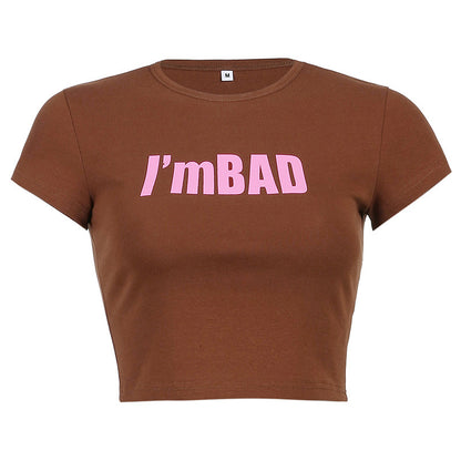Printed Pullover Slim Fit Crew Neck Short T-Shirt Crop Navel T-Shirt