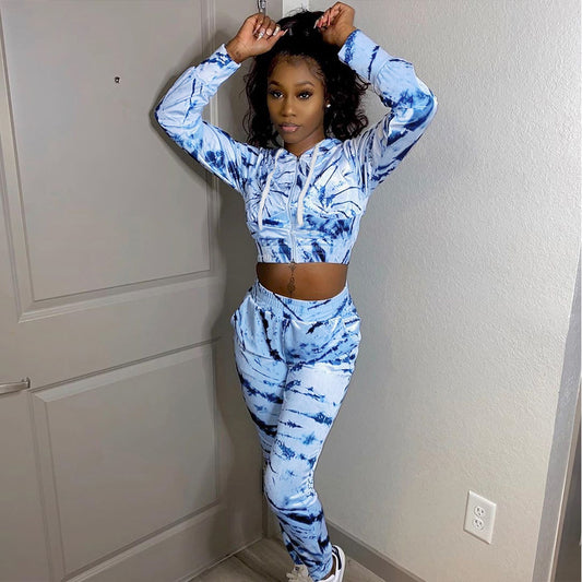 Printed Hooded Long Sleeve Two-Piece Women
