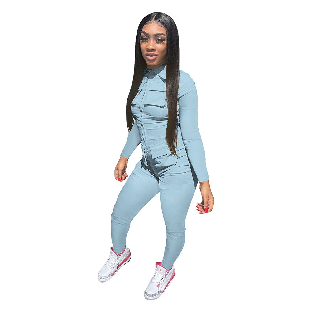 Solid Color Long Tooling Zipper Pocket Jumpsuit