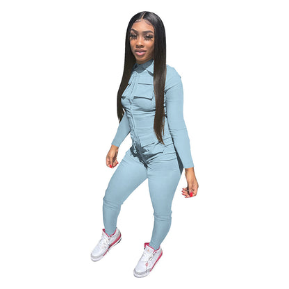 Solid Color Long Tooling Zipper Pocket Jumpsuit