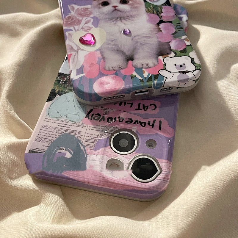 Cute Flower Cat Cartoon Niche Sticker Drill Phone Case