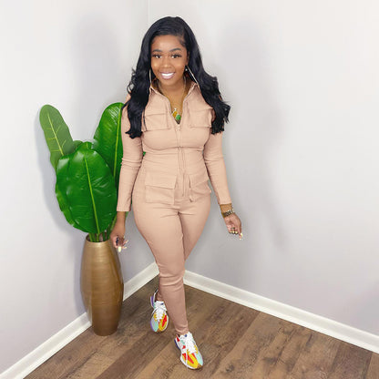 Solid Color Long Tooling Zipper Pocket Jumpsuit