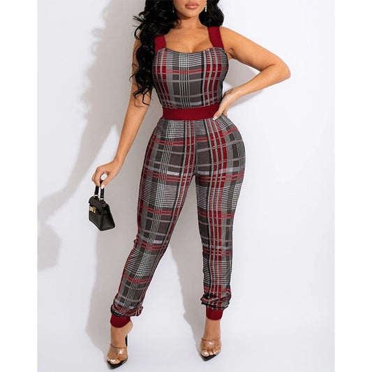 Printed Check Striped Waist Sling Bodysuit
