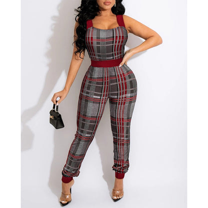 Printed Check Striped Waist Sling Bodysuit