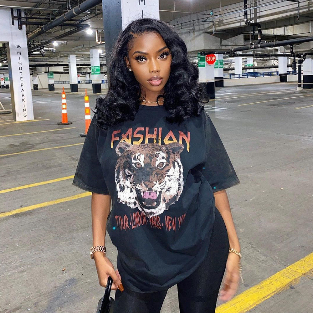Casual Cotton Imitation Printing Long T-Shirt Half Sleeve