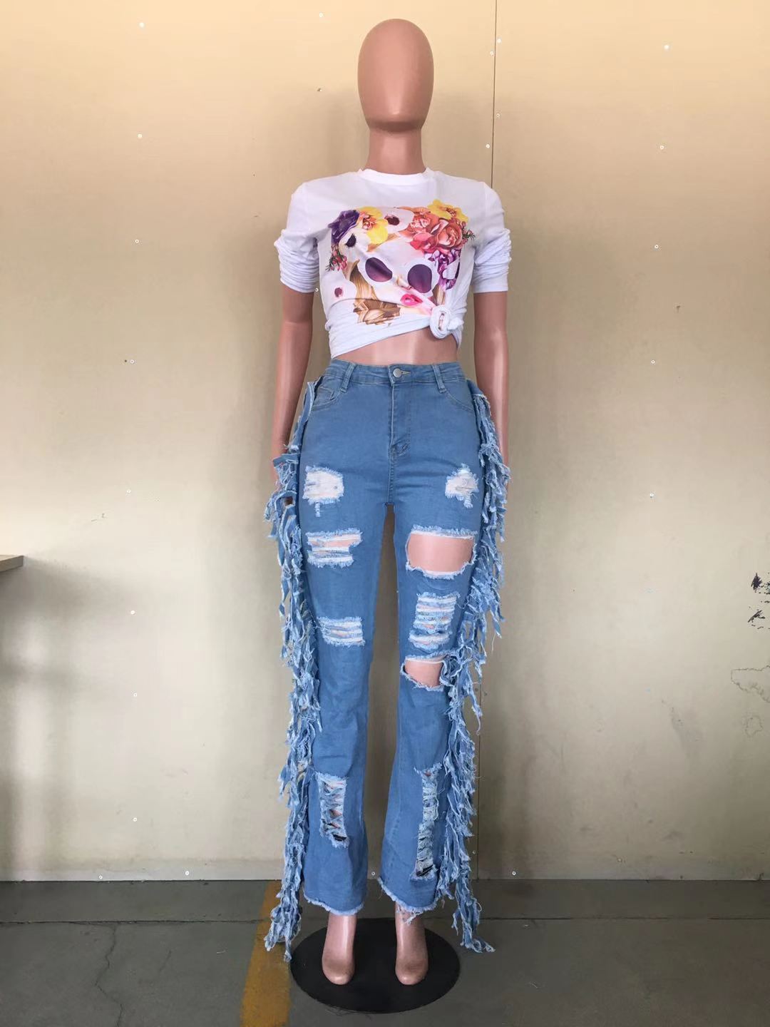 European And American Distressed Washed Tassel Jeans