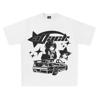 Retro White Short Sleeve T-shirt Loose Pattern Fashion Brand Harajuku Anime Half Sleeve Top