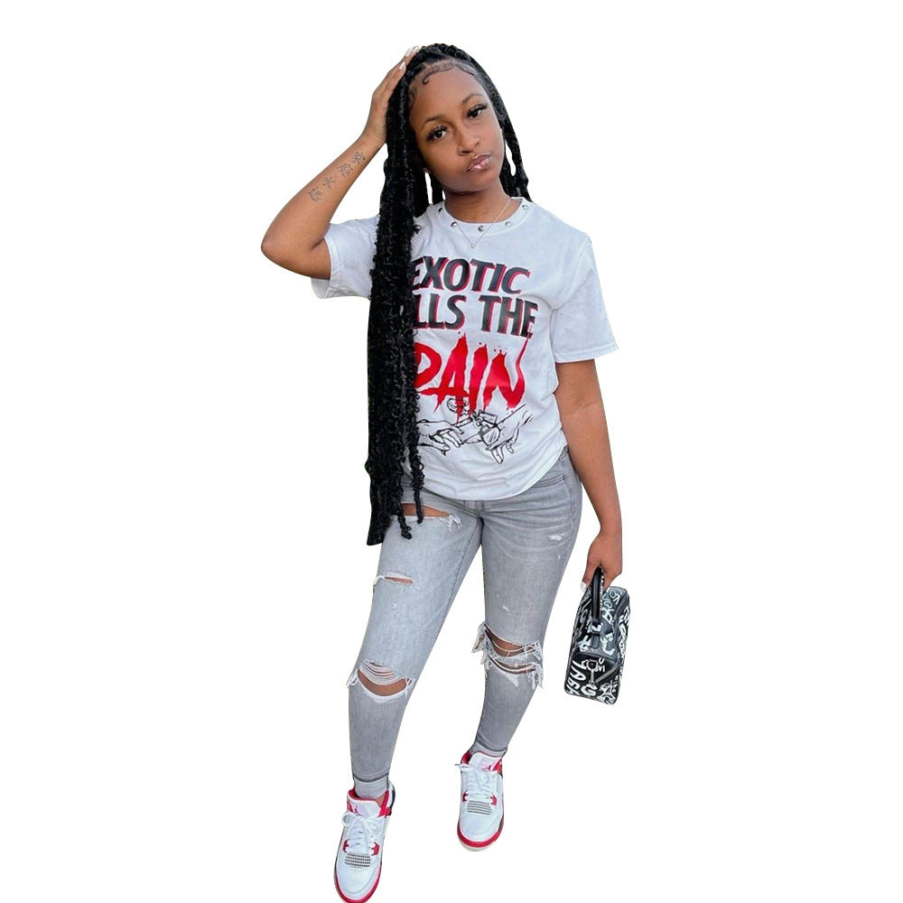 Sports Casual Letter Print Ladies Short-Sleeved T-Shirt