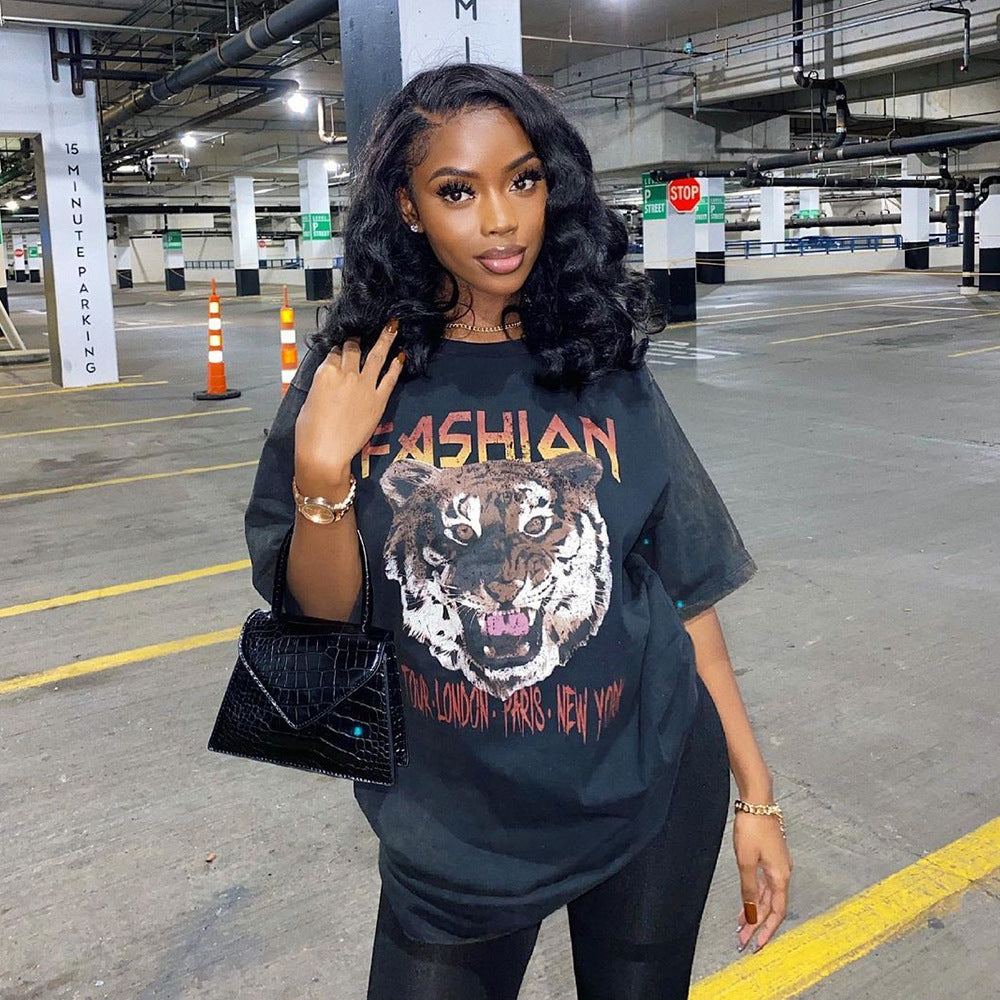 Casual Cotton Imitation Printing Long T-Shirt Half Sleeve
