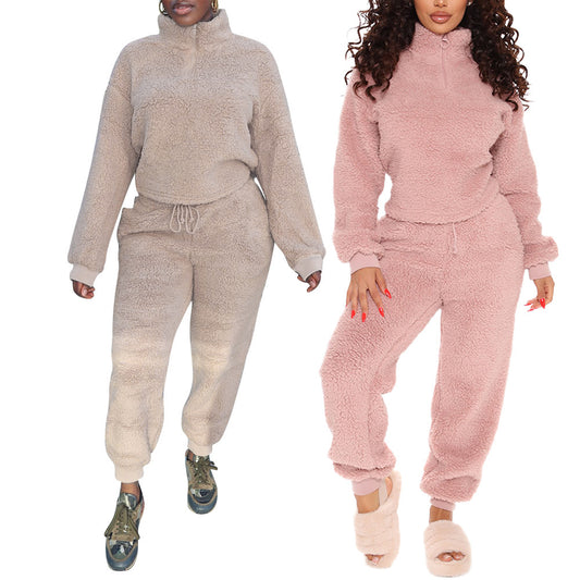 Casual Flannel Long-Sleeved Solid Color Sports Suit
