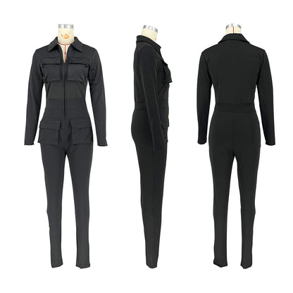 Solid Color Long Tooling Zipper Pocket Jumpsuit