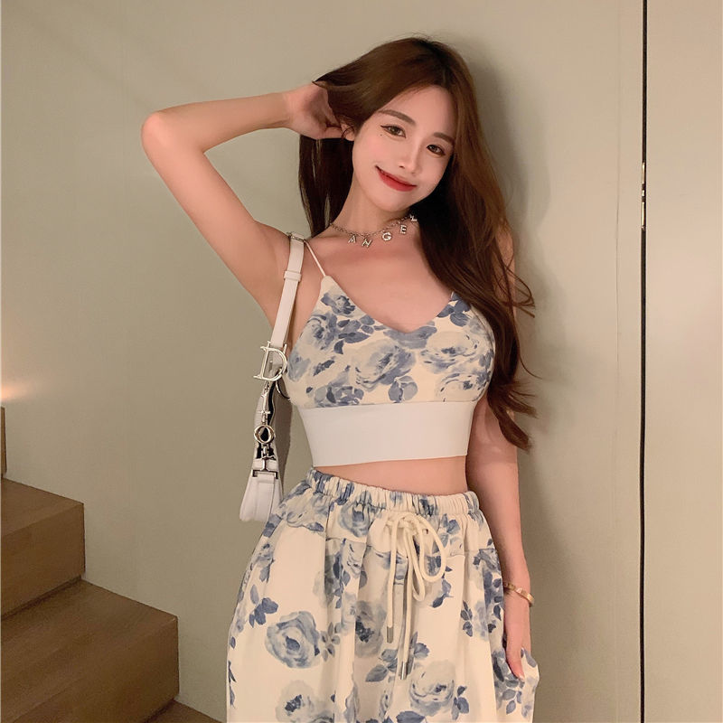 Suit Women Hong Kong Style Wide-leg Pants  Design Suspender Top
