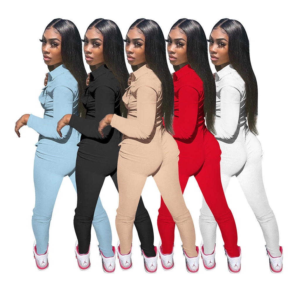Solid Color Long Tooling Zipper Pocket Jumpsuit