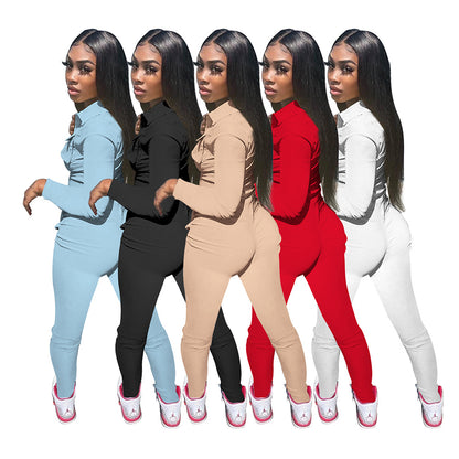 Solid Color Long Tooling Zipper Pocket Jumpsuit