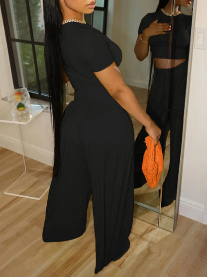 Women's Solid Color T-shirt And Wide Leg Pants Set