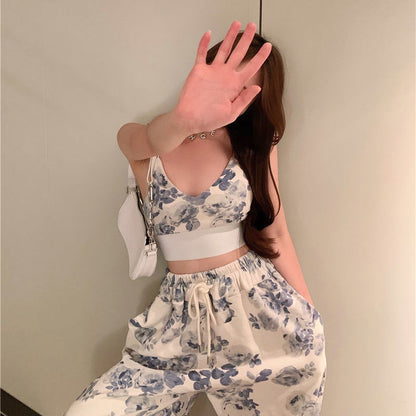 Suit Women Hong Kong Style Wide-leg Pants  Design Suspender Top